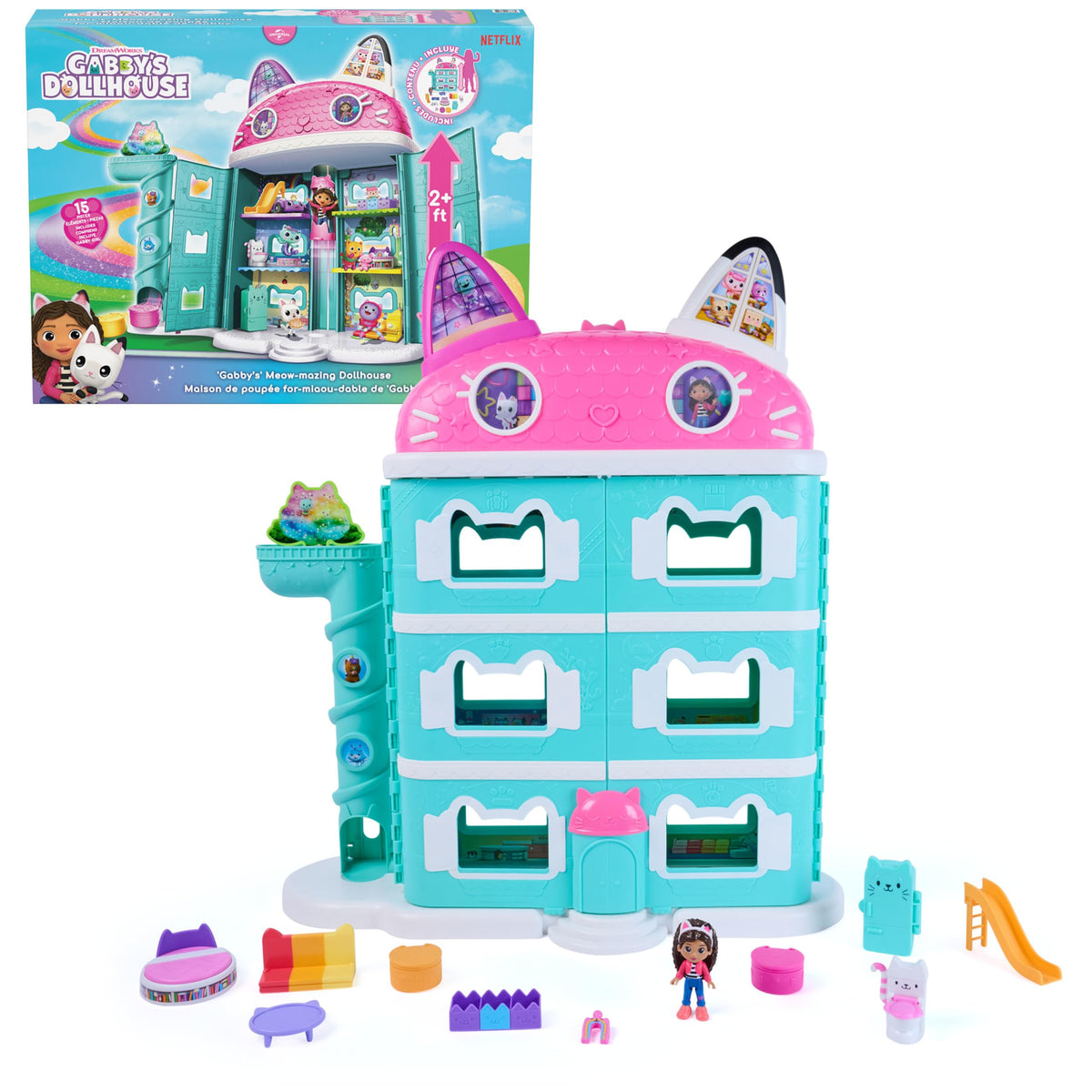 DREAMWORKS GABBY'S DOLLHOUSE Meow-Mazing Dollhouse, 2 Feet Tall, 15 Pieces | Over 2 Feet Tall, 15 Pieces, Featuring Lenticular Eyes, Realistic Dollhouse Play, Kids Toys for Girls & Boys Ages 3 and Up