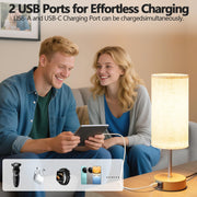UPXNBOR Bedside Lamp, Touch Table Lamp for Bedroom, Living Room & Office | Desk Lamp with USB A+C Charging Ports, 3-Way Dimmable Touch Lamp, Warm Light, Linen Shade, 1.5 m Cable, E27 Incl., Wood Grain