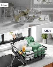 Kitsure Space-Saving Dish Drainer Rack with a Cutlery Holder, Large, Black | Rust-Resistant Dish Racks for Kitchen Counter, Automatic Drainage Draining Board Rack, Bowl And Utensil Storage