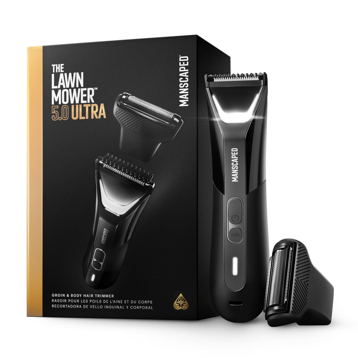 MANSCAPED® The Lawn Mower® 5.0 Ultra Groin & Body Hair Trimmer | Dual-Head SkinSafe® Trimmer & Foil Blades, Waterproof Wet/Dry, USB-C Rechargeable with Travel Case, Men’s Ball Shaver, Black