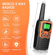MOICO Walkie Talkies for Adults, 22 Channel Long Range FRS Two-Way Radios | 2 Pack, Compact Portable, LED Flashlight, VOX, LCD Display, Family Use, Hiking, Camping, Outdoor Trips, Cruise