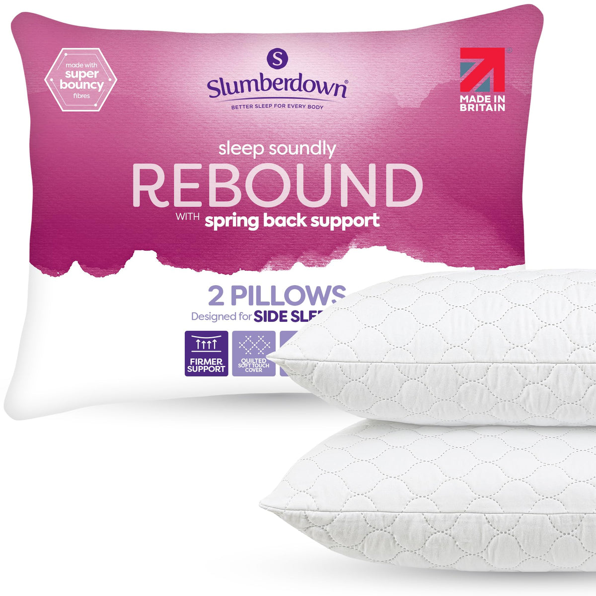 Slumberdown Rebound Pillows 2 Pack Hotel Quality for Cloud-Like Comfort | Medium-Firm Fill for Back & Side Sleepers, Hypoallergenic, Machine Washable, Made in UK, 2-Year Guarantee, 48 x 74cm Standard