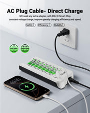 EBL AA AAA Battery Charger, 8 AA 2300mAh & 8 AAA 1100mAh NiMH, 2 USB Ports | 8-Bay AA AAA Individual Dual USB ports charge your phone while AA & AAA batteries power remotes, cameras, flashlights, toys