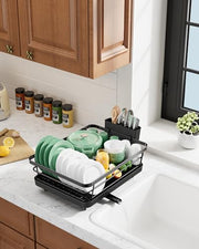 Kitsure Space-Saving Dish Drainer Rack with a Cutlery Holder, Large, Black | Rust-Resistant Dish Racks for Kitchen Counter, Automatic Drainage Draining Board Rack, Bowl And Utensil Storage