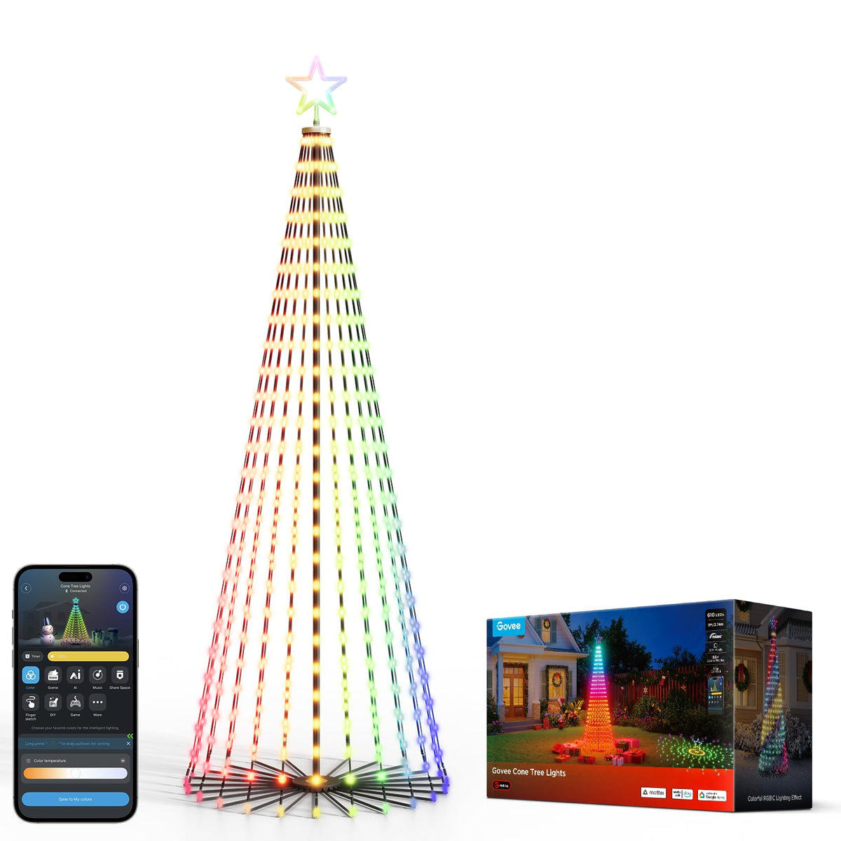 Govee Christmas Cone Tree Lights, 9ft 610 LEDs RGBIC Christmas Tree Light | Smart App Control, IP67 Waterproof Outdoor String Lights for Halloween Christmas Decorations, 100+ Scene Modes, Music Sync