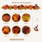 CQURE 2 Pack Artificial Autumn Fall Maple Leaf Garland, 5.9Ft/Piece Fall Leaves Hanging Vine Artificial Autumn Foliage Garland Thanksgiving Decor for Home Wedding Fireplace Party Christmas