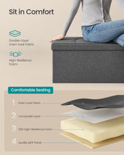 SONGMICS Ottoman Storage Box, Foldable Tufted Bench, 131L | 110 x 38 x 38 cm, Removable Divider, Foot Rest for Entryway Living Room, Grey and Black, Minota Collection, LSF80GYZ