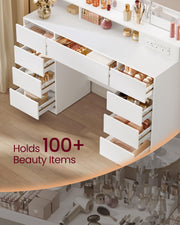 VASAGLE Dressing Table, Tri-Fold Mirror, 9 Drawers, Power Outlets | Vanity Table, Power Outlets, Drawer Slides Assembly, 3 Colours, Cloud White, KAILYN Collection RDT146WB02