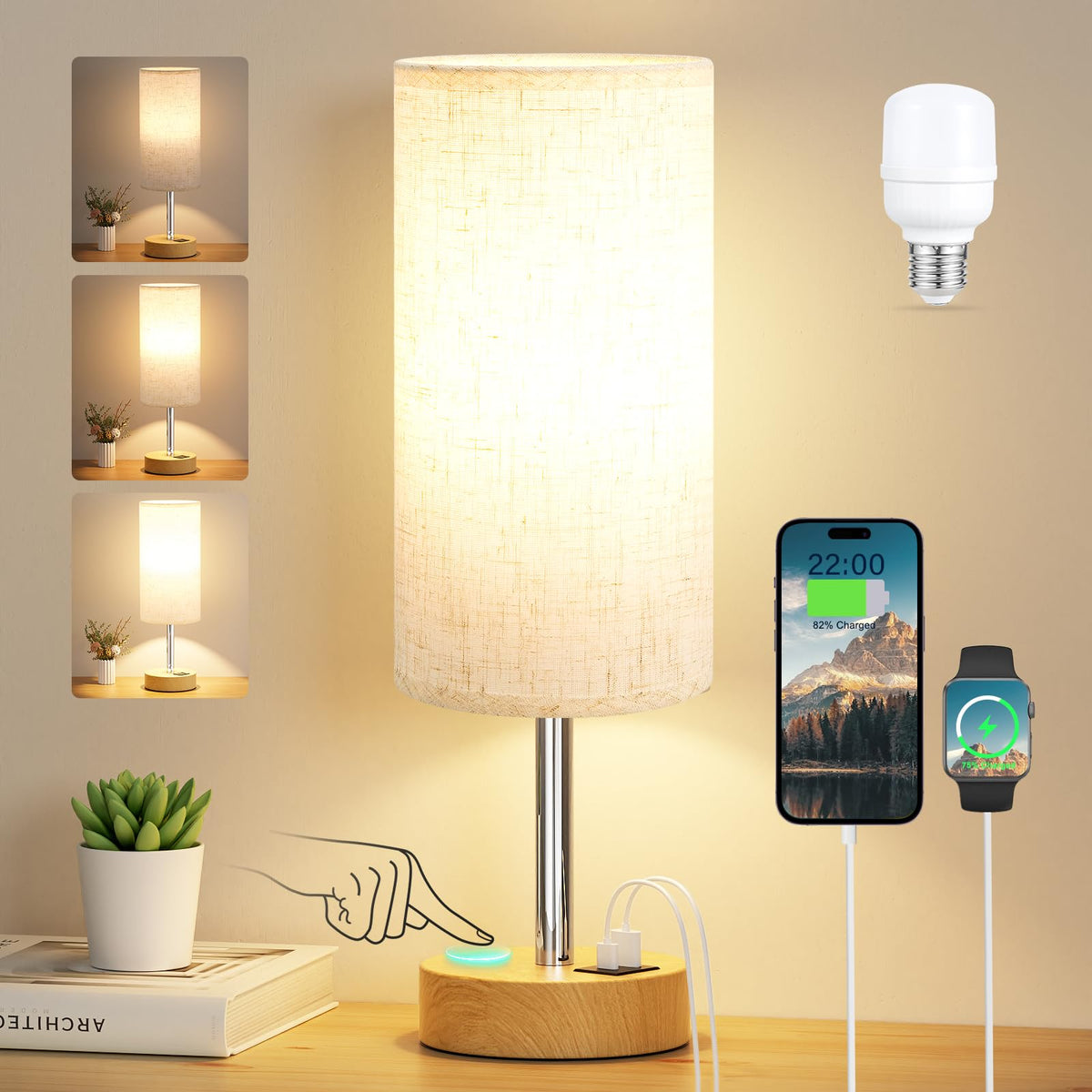 Aooshine Bedside Lamps, Table Lamp for Living Room Bedroom, Touch Dimmable | Touch Lamps Bedside with USB A+C Charging Ports, Small Lamp, Fabric Shade for Kids Room, Study, Dorm, Office, Bulb Included