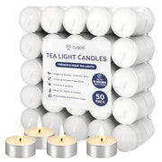 CUQOO Tea Lights Candles 50 Pack | 8 Hour Burn Unscented Tealights White | SMOKELESS WAX BURNER: long lasting · t lights · vegan · cotton wick · wedding decor · spa · religious