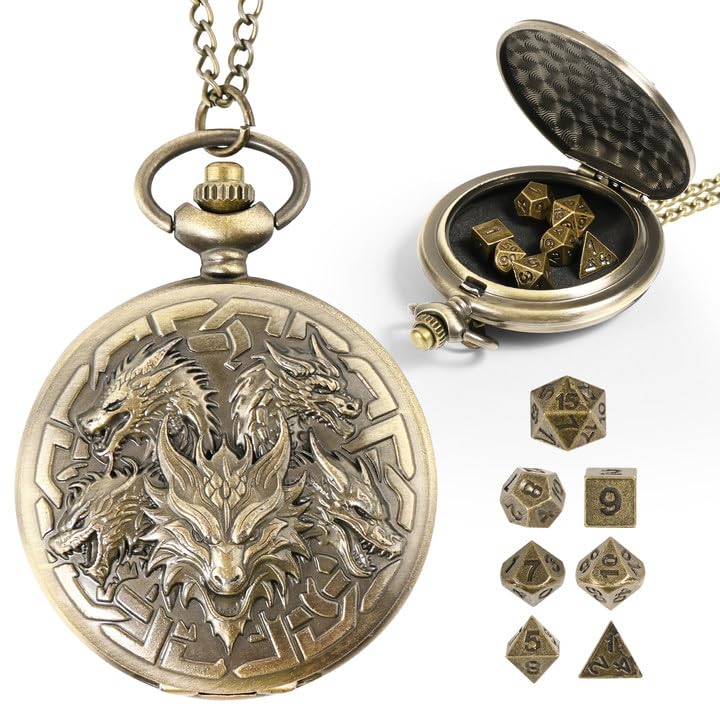 Banloga D&D Dice Set,7PCS Mini Dice with Pocket Watch Case （Dragon, Bronze） | Metal Dice for Dungeons and Dragons, Role Playing Board Games Accessories, Gift for Gamer