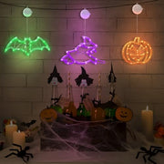 CNMTTCO Halloween Window Lights with Timer, Orange Pumpkins, Green Bat & Purple Witch LED Decorations, Battery Operated Indoor Window Lights with Suction Cups (Set of 3)