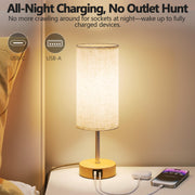 UPXNBOR Bedside Lamp, Touch Table Lamp for Bedroom, Living Room & Office | Desk Lamp with USB A+C Charging Ports, 3-Way Dimmable Touch Lamp, Warm Light, Linen Shade, 1.5 m Cable, E27 Incl., Wood Grain