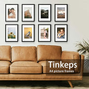 Tinkeps A4 Picture Frame, Black, 4 Pack | Engineered Wood and Plexiglass, A4 Frame with Mount for A5 Prints, Photos, and Posters, Tabletop and Wall Mountable