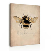 Framed Canvas Wall Art 12x16 Inch Bee Happy Inspirational Quote Artwork Rustic Bee Picture Modern Wall Canvas for Living Room Bedroom Hallway and Stairs Wall Decoration Prints with Hooks Magic Tape
