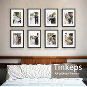 Tinkeps A4 Picture Frame, Black, 4 Pack | Engineered Wood and Plexiglass, A4 Frame with Mount for A5 Prints, Photos, and Posters, Tabletop and Wall Mountable