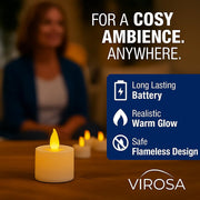 VIROSA Pack of 48 Realistic and Bright Battery Operated Flickering Flameless Tea Light Led Candles, Batteries Included - Yellow