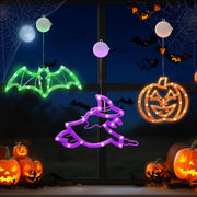 CNMTTCO Halloween Window Lights with Timer, Orange Pumpkins, Green Bat & Purple Witch LED Decorations, Battery Operated Indoor Window Lights with Suction Cups (Set of 3)