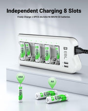EBL AA AAA Battery Charger, 8 AA 2300mAh & 8 AAA 1100mAh NiMH, 2 USB Ports | 8-Bay AA AAA Individual Dual USB ports charge your phone while AA & AAA batteries power remotes, cameras, flashlights, toys