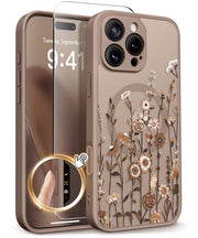 GVIEWIN for iPhone 16 Pro Case Compatible with MagSafe Screen Protector | Military Grade Protection, Full Camera Protection, Floral Translucent, Women Magnetic Phone Case, Floratopia/Brown