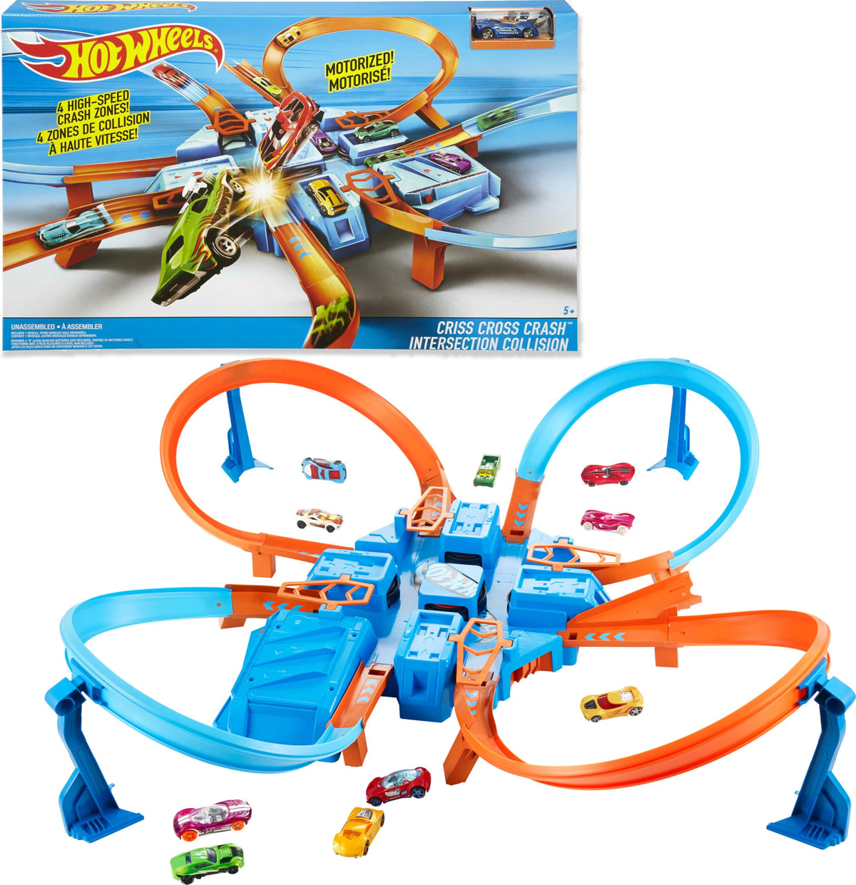 Hot Wheels Criss-Cross Crash Track​​​​ Set & Car | Playset with 1:64 Scale Toy Car &4 Intersections for Crashing, Powered by a Motorized Booster (Amazon Exclusive)