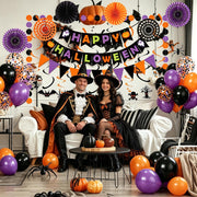 Fecedy Happy Halloween Banner Triangular bunting Paper flower fans Circle garland Latex balloons Swirls for Halloween Party decoration Indoor Outdoor Wall Door Decoration