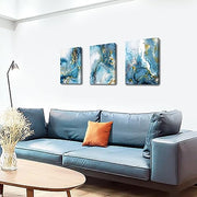 3 Panels Wooden Framed Golden Blue Ocean Canvas Wall Art Nordic Marble Painting on Canvas Print Picture for Living Room Hallway Stairs Bedroom Bathroom Wall Decor Ready To Hang 90x40cm(12"x16"x3pcs)