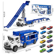 Transport Truck Toys for 3 4 5 6 7 Years Old Boys,Toys Cars Track Set Transporter Trucks with 12 Die-Cast Car Toys 2 Race catapults Dual-Track Model,Toddler Car Toy Set for Kids Boys Girls