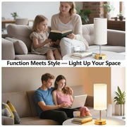 UPXNBOR Bedside Lamp, Touch Table Lamp for Bedroom, Living Room & Office | Desk Lamp with USB A+C Charging Ports, 3-Way Dimmable Touch Lamp, Warm Light, Linen Shade, 1.5 m Cable, E27 Incl., Wood Grain