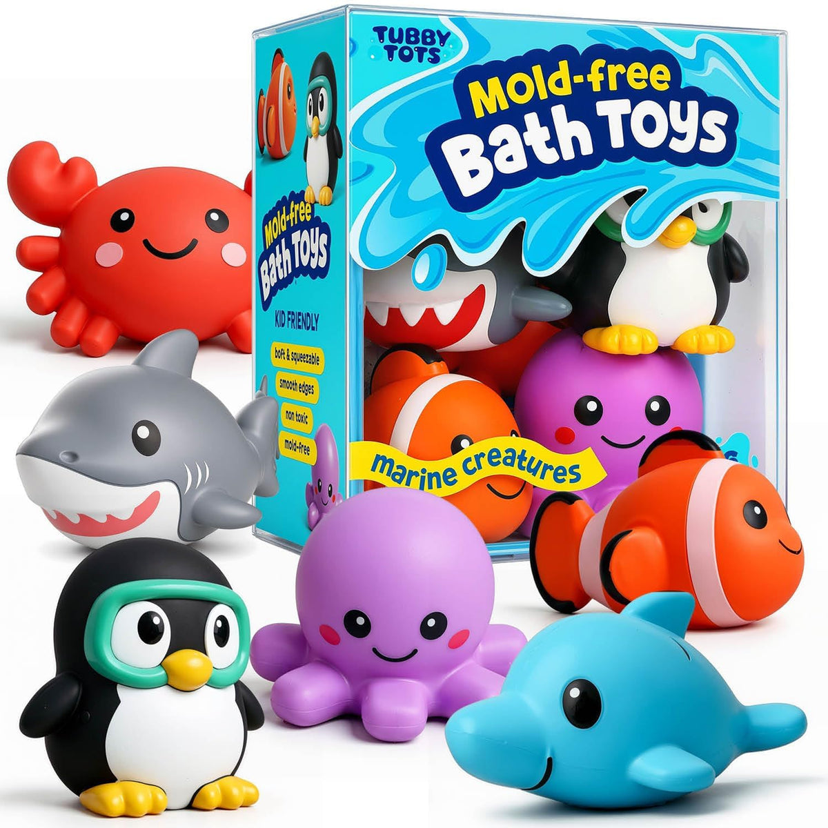Tubby Tots Mold-Free Design Bath Toys for Kids - Baby Toys for Toddlers | 6 Sea Animals Bathtub Toys 2-4, 3-5 Years - Baby Beach Floating Tub Toy for Babies 6-12 Months - Water Table Toys