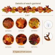 CQURE 2 Pack Artificial Autumn Fall Maple Leaf Garland, 5.9Ft/Piece Fall Leaves Hanging Vine Artificial Autumn Foliage Garland Thanksgiving Decor for Home Wedding Fireplace Party Christmas