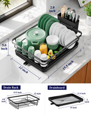 Kitsure Space-Saving Dish Drainer Rack with a Cutlery Holder, Large, Black | Rust-Resistant Dish Racks for Kitchen Counter, Automatic Drainage Draining Board Rack, Bowl And Utensil Storage
