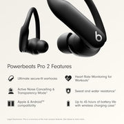 Beats Powerbeats Pro 2 - Wireless Noise Cancelling Workout Earbuds with Secure- Fit Earhooks, Up to 45-Hour Battery with Charging Case, Sweat & Water Resistant, Heart Rate Monitoring - Jet Black