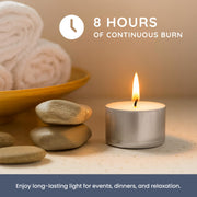 CUQOO Tea Lights Candles 50 Pack | 8 Hour Burn Unscented Tealights White | SMOKELESS WAX BURNER: long lasting · t lights · vegan · cotton wick · wedding decor · spa · religious
