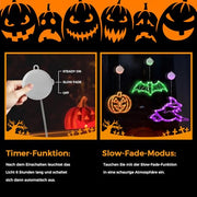 CNMTTCO Halloween Window Lights with Timer, Orange Pumpkins, Green Bat & Purple Witch LED Decorations, Battery Operated Indoor Window Lights with Suction Cups (Set of 3)