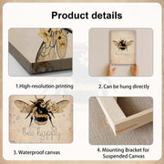 Framed Canvas Wall Art 12x16 Inch Bee Happy Inspirational Quote Artwork Rustic Bee Picture Modern Wall Canvas for Living Room Bedroom Hallway and Stairs Wall Decoration Prints with Hooks Magic Tape
