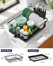 Kitsure Space-Saving Dish Drainer Rack with a Cutlery Holder, Large, Black | Rust-Resistant Dish Racks for Kitchen Counter, Automatic Drainage Draining Board Rack, Bowl And Utensil Storage