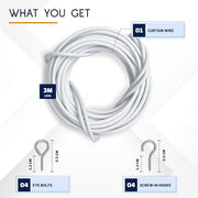 DIKOTS® Net Curtain Wire and Hooks Set - 3 Meter Curtain wire kit with 4 Eyes & 4 Hooks - A multipurpose Kit suitable for net curtains for windows - Durable set for window net curtain