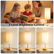 UPXNBOR Bedside Lamp, Touch Table Lamp for Bedroom, Living Room & Office | Desk Lamp with USB A+C Charging Ports, 3-Way Dimmable Touch Lamp, Warm Light, Linen Shade, 1.5 m Cable, E27 Incl., Wood Grain