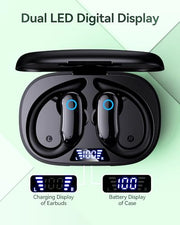 GNMN Active Noise Cancelling Ear Buds Wireless Earbuds 96hrs Playback Bluetooth Headphones Dual Battery Display Stereo Bass Earphones with Earhooks Microphone IPX7 Waterproof for Sports/Runing/Workout