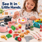 130Pcs Kitchen Playset, Toddler Pretend Cooking Play Pots, Pans, Utensils Cookware, Daily Food Fruit Veges, Shopping Storage Basket, Dessert, Prop Money, Learning Gift for Child (Pink)