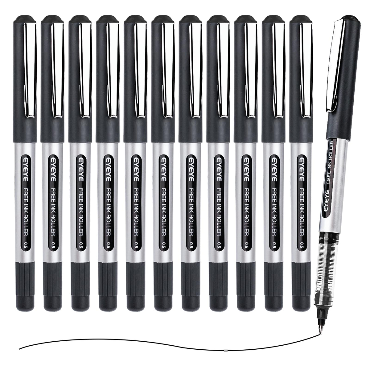 EYEYE Black Rollerball Pens 12 Pack, 0.7mm Medium Point Roller Ball Pen Quick Dry, Liquid Ink Pens Fine Point Smooth Writing Pens for Journaling, Note Taking, School, Office Supplies