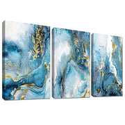 3 Panels Wooden Framed Golden Blue Ocean Canvas Wall Art Nordic Marble Painting on Canvas Print Picture for Living Room Hallway Stairs Bedroom Bathroom Wall Decor Ready To Hang 90x40cm(12"x16"x3pcs)