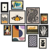 Eclectic Wall Art Prints Unframed, Mid Century Retro Decor for Home Bedroom | 12 Pcs gallery wall decor, funky abstract art, dorm and living room, 8x10, 5x7 and 4x6 sizes