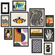 Eclectic Wall Art Prints Unframed, Mid Century Retro Decor for Home Bedroom | 12 Pcs gallery wall decor, funky abstract art, dorm and living room, 8x10, 5x7 and 4x6 sizes