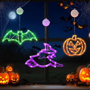 CNMTTCO Halloween Window Lights with Timer, Orange Pumpkins, Green Bat & Purple Witch LED Decorations, Battery Operated Indoor Window Lights with Suction Cups (Set of 3)