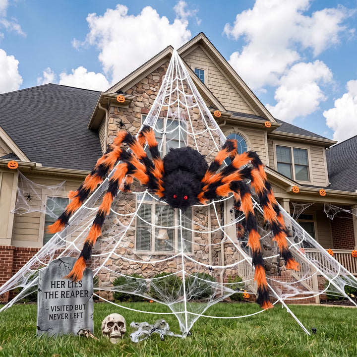 BOSONER 200'' Giant Spider Web Halloween Decorations + 50'' Large Spider | Outdoor Halloween decor for yard, garden and porch, ideal for haunted houses, parties and spooky indoor or outdoor displays