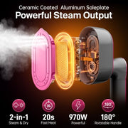 Steamer for Clothes, 2-in-1 Handheld Clothes Steamer with Dry & Steam Ironing, 180° Rotatable Handle, 20s Fast Heat-Up, 970W Portable Travel Steamer for Clothes, Compact for Home & Travel