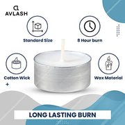Avlash ® 8 Hour Tea Light Candles Pack of 50-8 Hour Burn Time - Shrink Wrapped, Unscented Tea Lights - White