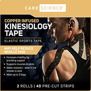 Care Science Copper Infused Kinesiology Tape, 40 Precut Strips, 2 Rolls | Elastic Sports & Weightlifting Tape Supports Muscles & Joints. Water Resistant.